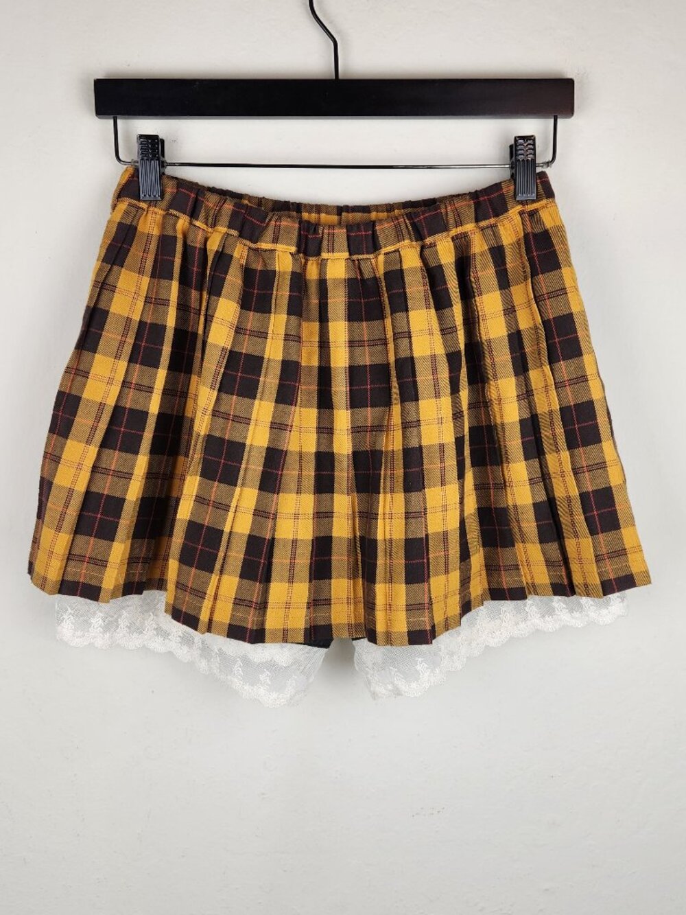 Cupop Japan Yellow Brown Plaid Lace Trim Pleated Mini Skirt Skort sz M - Picture 2 of 11